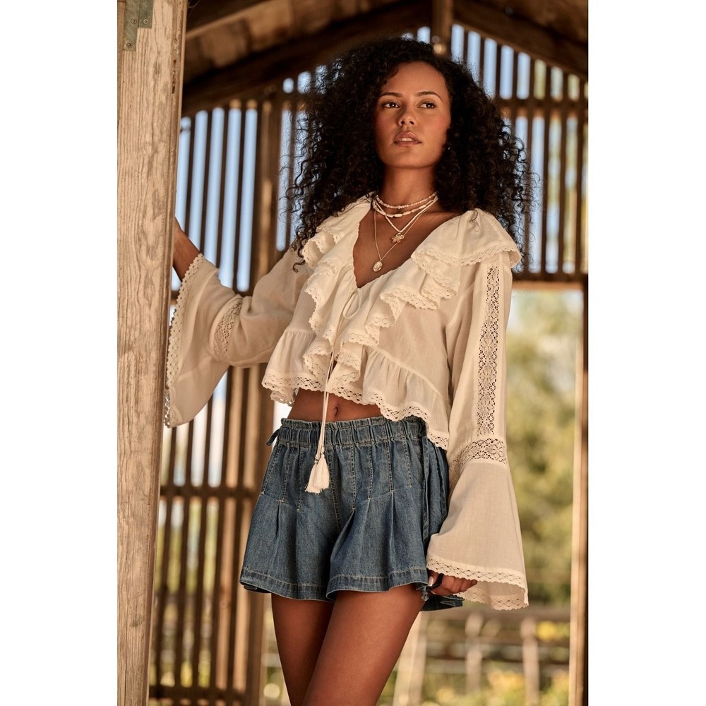 Altar'd State Pleated Denim Shorts Medium Wash Smocked Waist Side Ties Size XS